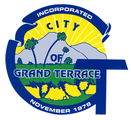 City of Grand Terrace logo with mountains, palm trees, and sun rays, stating incorporation in November 1978.