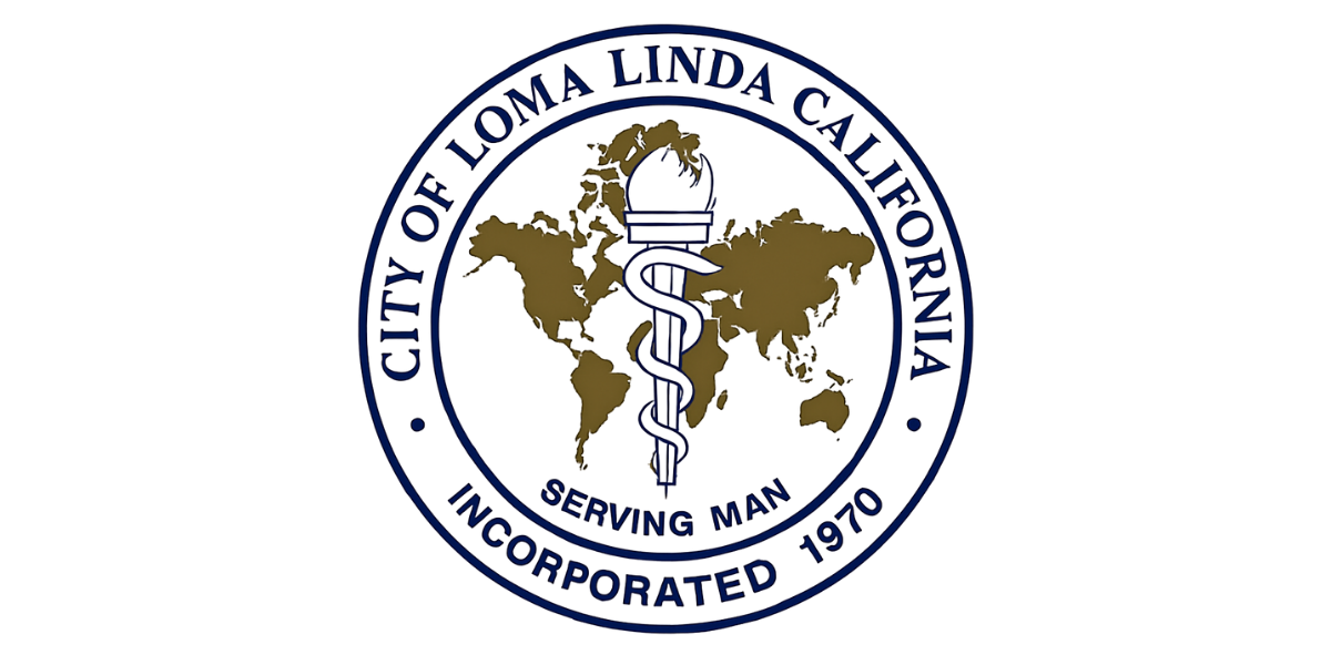 City of Loma Linda seal with a torch and serpent over a world map, and text "Serving Man, Incorporated 1970.