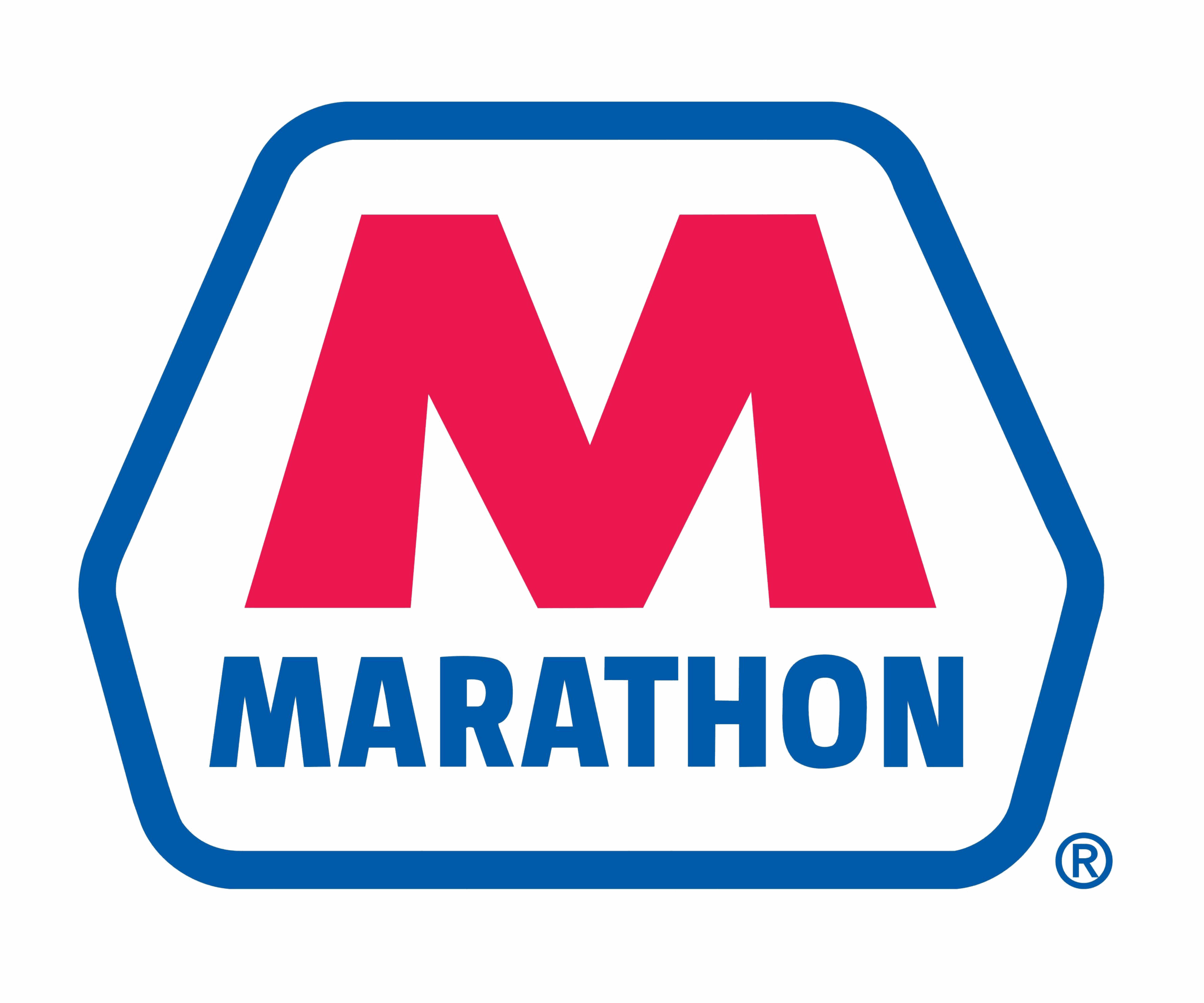 Marathon logo with a large red "M" above the word "Marathon" in blue inside a hexagonal border.