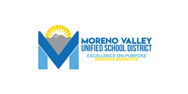 Logo for Moreno Valley Unified School District with a sun, mountain, and slogan “Excellence on Purpose Shining Brighter.”.