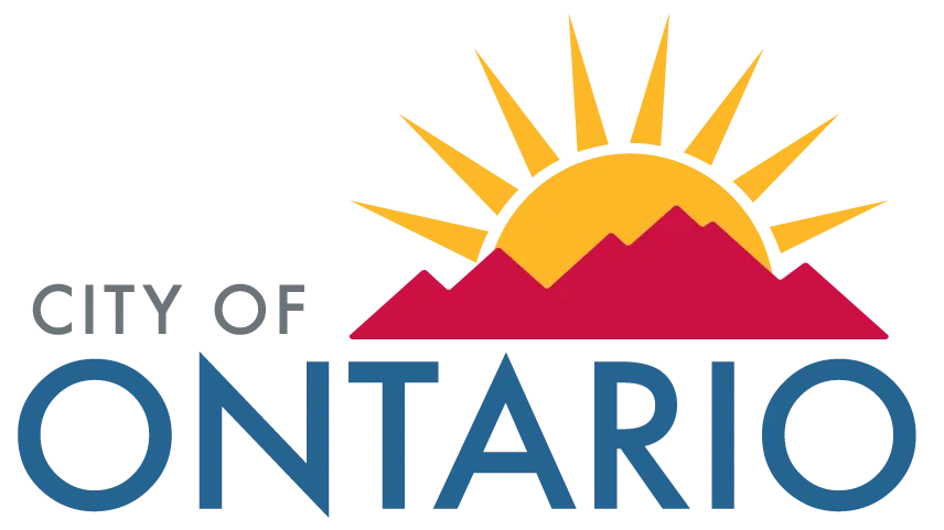 City of Ontario logo with a yellow sun rising behind red mountains and bold blue text reading "Ontario.