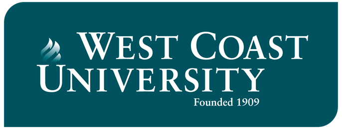 West Coast University logo with flame icon and text "Founded 1909" on a teal background.