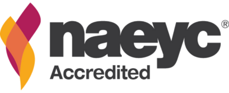 NAEYC Accredited logo with abstract orange and pink shapes to the left of the text.
